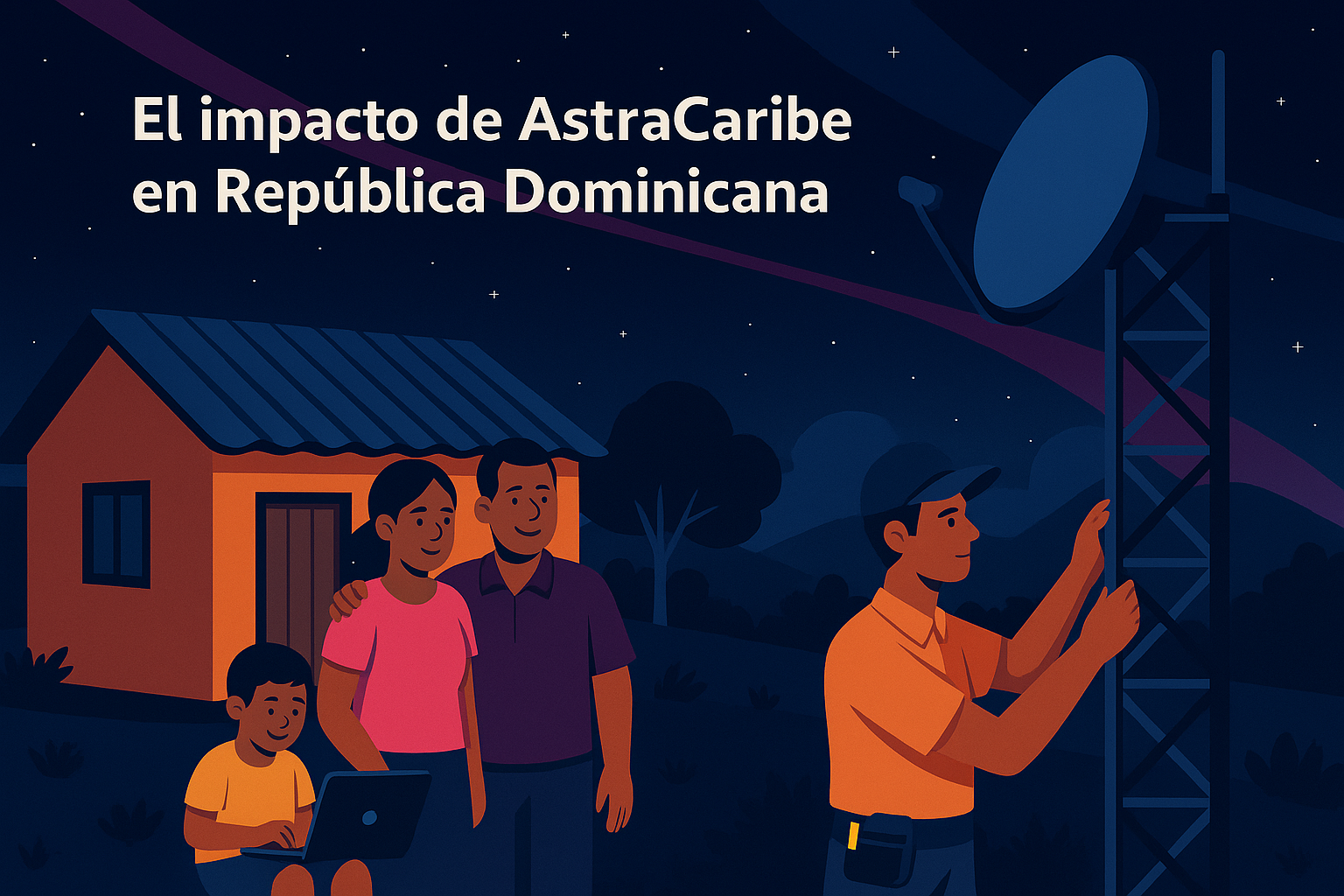 Técnico instalando antena de internet con familia feliz
